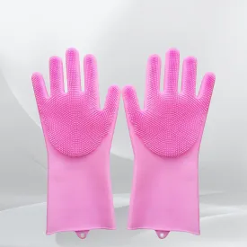 17723 Dishwashing Gloves With Scrubber Silicone Cleaning Reusable Scrub Gloves For Wash Dish Kitchen Bathroom Pet Grooming Wet And Dry Glove (1 Pair 250 Gm)
