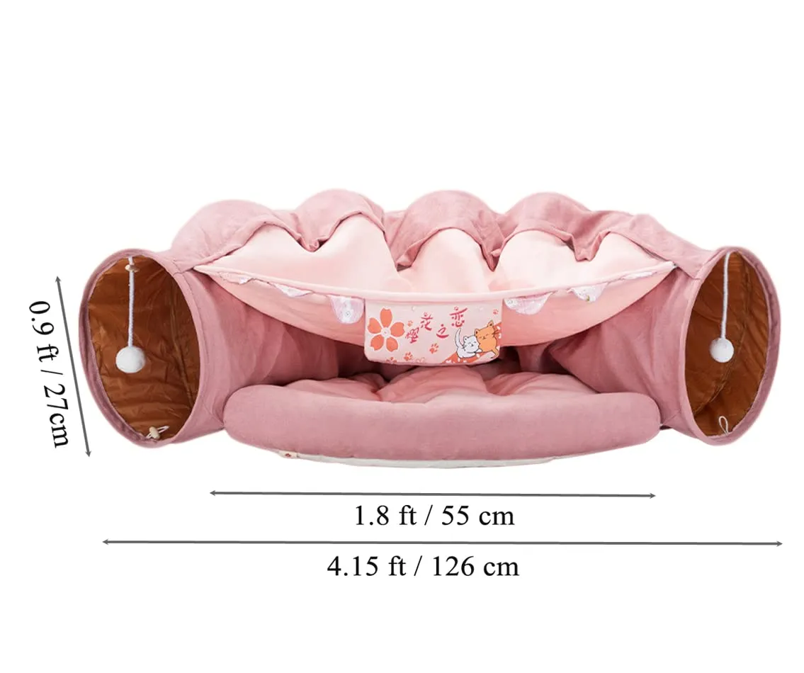 2 in 1 Cat Tunnel Bed Tube with Cushion and Plush Ball Toy Playground Crinkle Collapsible for Large Cats Kittens Kitty Puppy Small Dog Foldable Soft Pet Play Bed Indoor Outdoor- Pink Cat Tunnel Bed