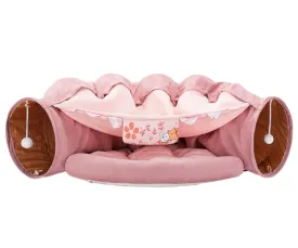 2 in 1 Cat Tunnel Bed Tube with Cushion and Plush Ball Toy Playground Crinkle Collapsible for Large Cats Kittens Kitty Puppy Small Dog Foldable Soft Pet Play Bed Indoor Outdoor- Pink Cat Tunnel Bed