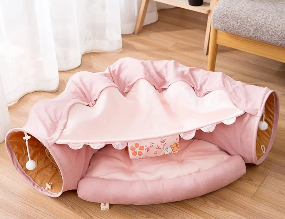 2 in 1 Cat Tunnel Bed Tube with Cushion and Plush Ball Toy Playground Crinkle Collapsible for Large Cats Kittens Kitty Puppy Small Dog Foldable Soft Pet Play Bed Indoor Outdoor- Pink Cat Tunnel Bed