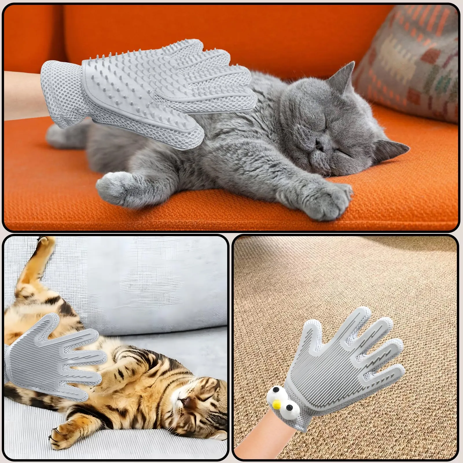 2 in 1 Pet Grooming Gloves - Cat and Dog Glove Brush, High Efficiency Pet Hair Removal Massage Glove, Clean Hair on Both Sides (Grey /1 Piece) Big Gray Eyes