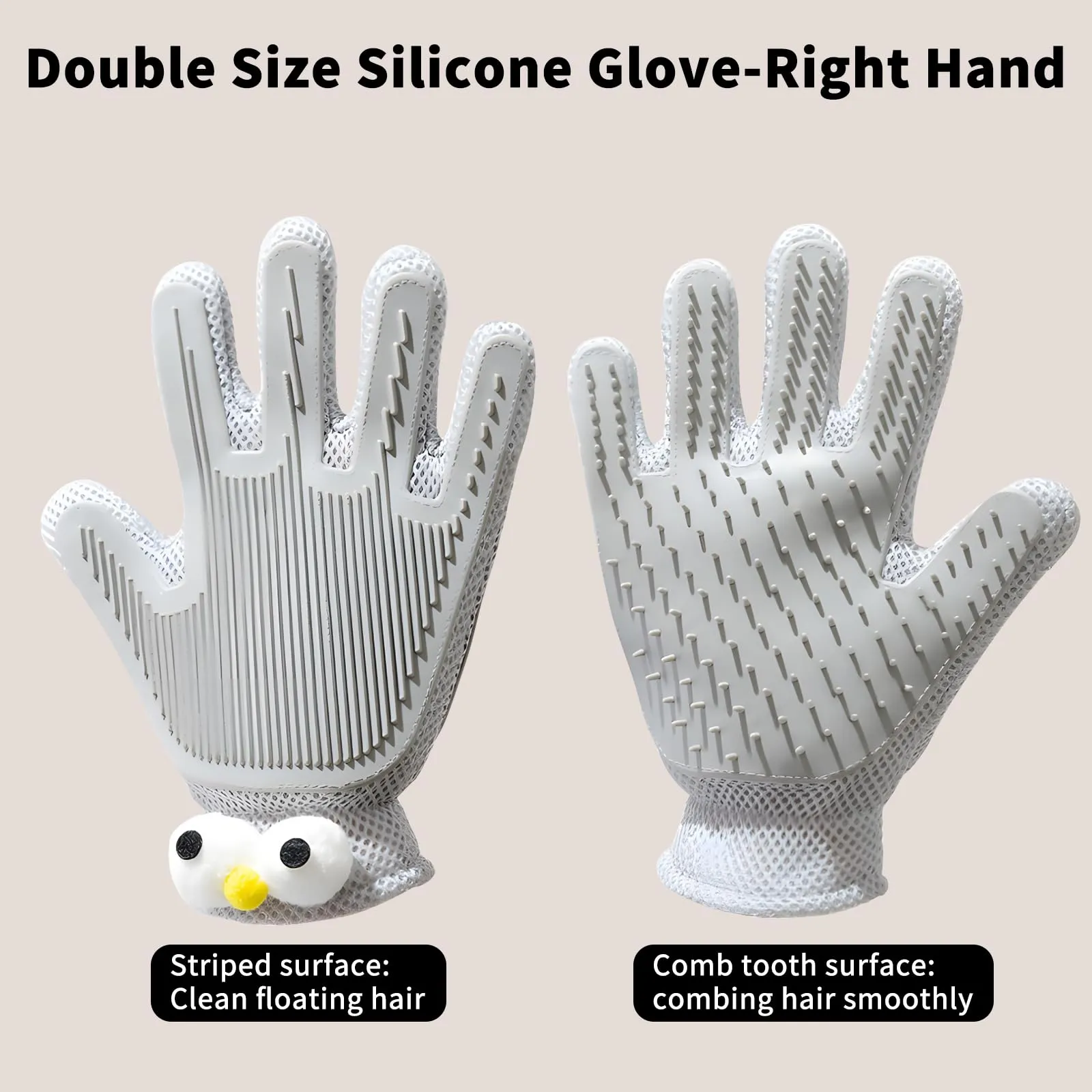 2 in 1 Pet Grooming Gloves - Cat and Dog Glove Brush, High Efficiency Pet Hair Removal Massage Glove, Clean Hair on Both Sides (Grey /1 Piece) Big Gray Eyes