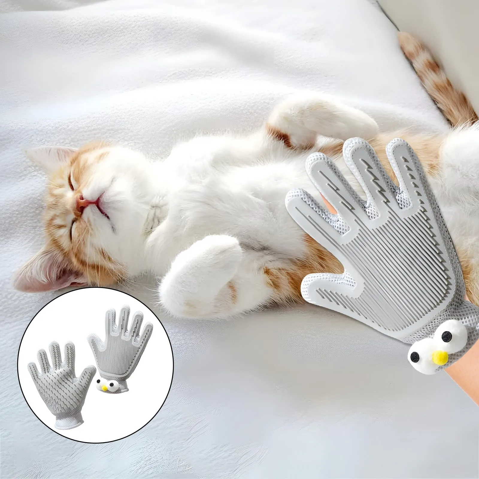 2 in 1 Pet Grooming Gloves - Cat and Dog Glove Brush, High Efficiency Pet Hair Removal Massage Glove, Clean Hair on Both Sides (Grey /1 Piece) Big Gray Eyes