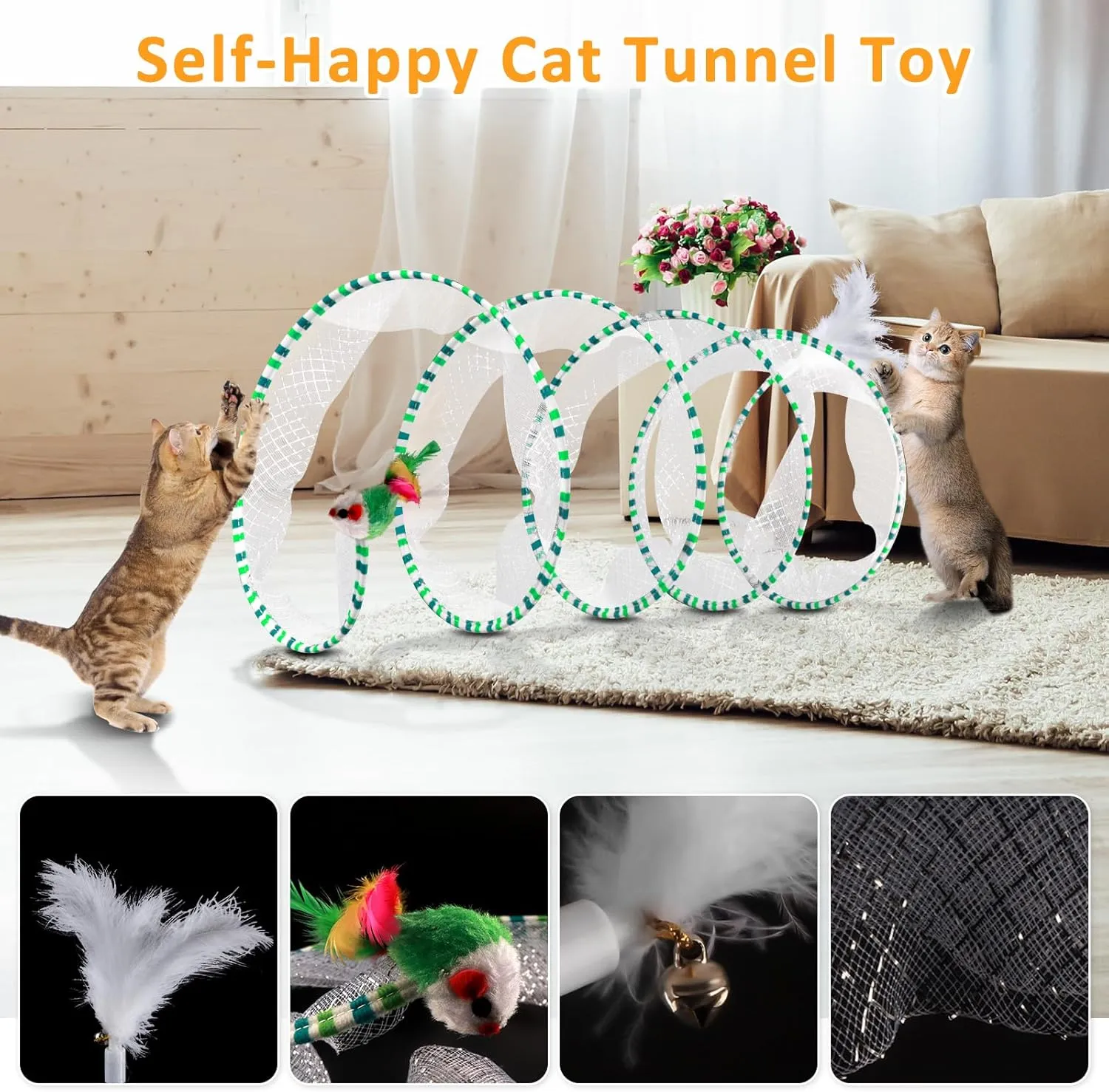 2-Piece Spiral Cat Tubes for Indoor Cats, Large Collapsible Tunnel with Feather Mouse Interactive Toy (Green & White   Green   Orange & Red)