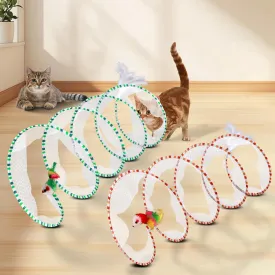2-Piece Spiral Cat Tubes for Indoor Cats, Large Collapsible Tunnel with Feather Mouse Interactive Toy (Green & White   Green   Orange & Red)