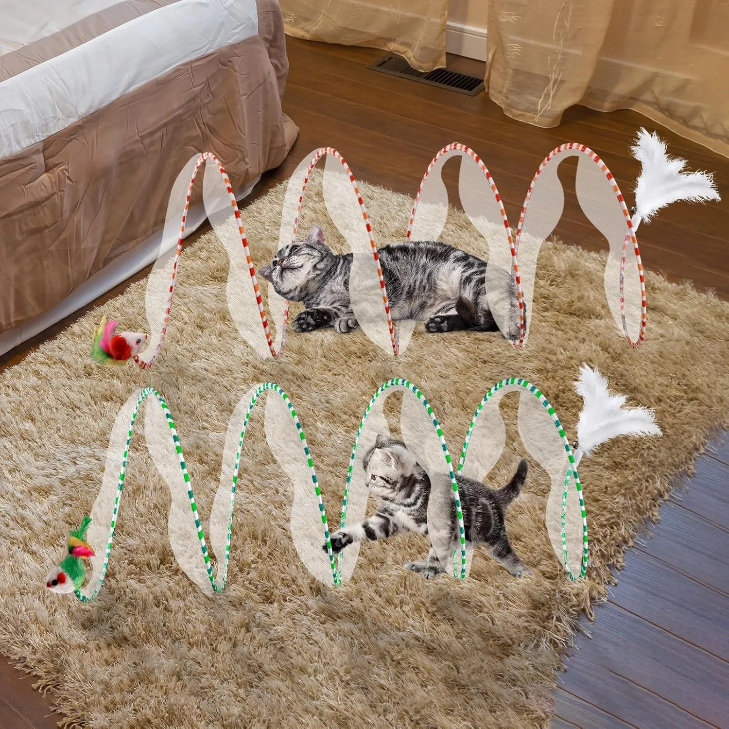 2-Piece Spiral Cat Tubes for Indoor Cats, Large Collapsible Tunnel with Feather Mouse Interactive Toy (Green & White   Green   Orange & Red)