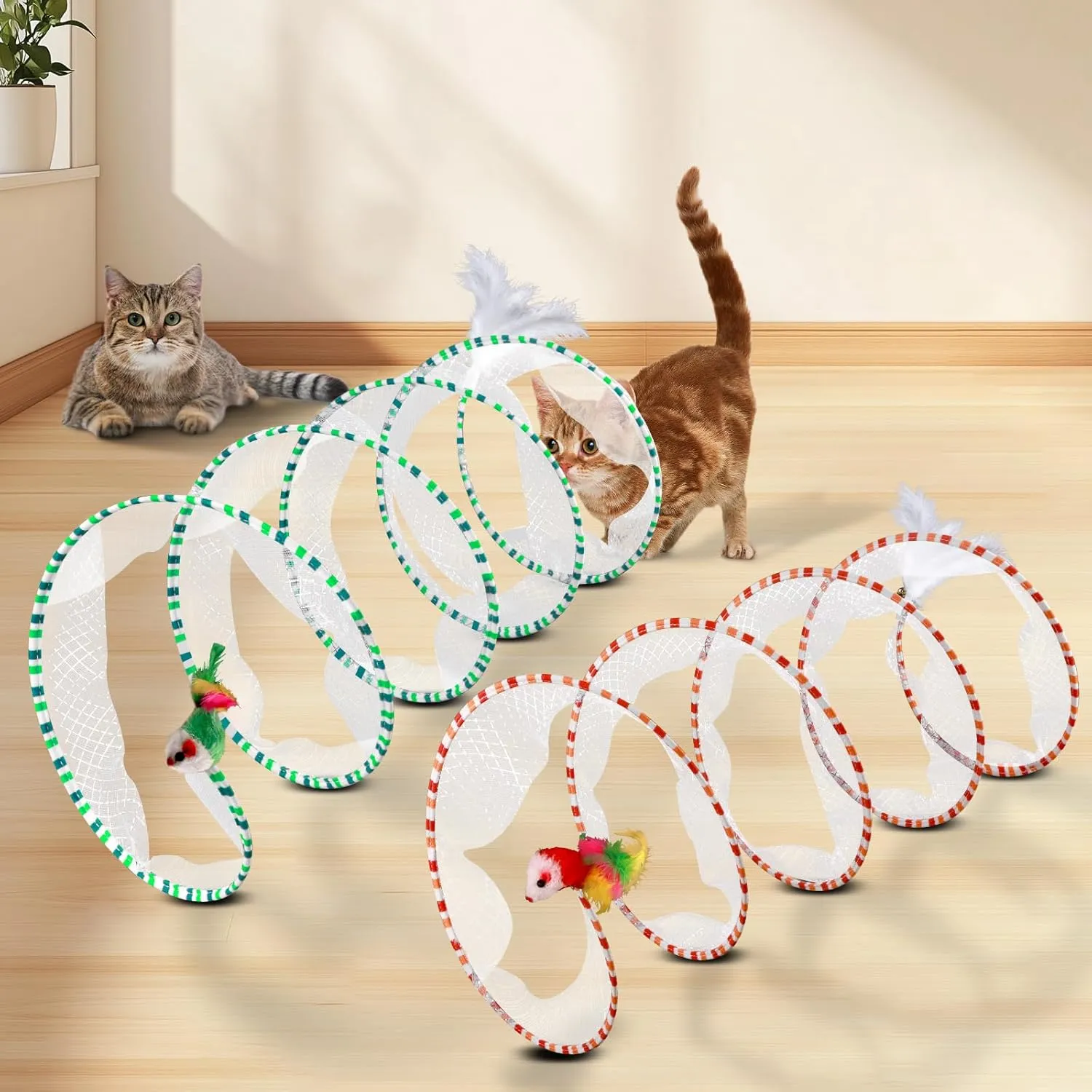 2-Piece Spiral Cat Tubes for Indoor Cats, Large Collapsible Tunnel with Feather Mouse Interactive Toy (Green & White   Green   Orange & Red)