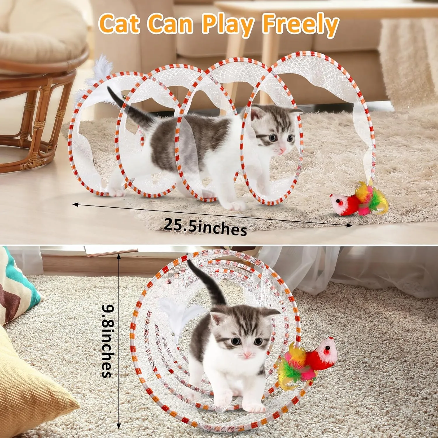 2-Piece Spiral Cat Tubes for Indoor Cats, Large Collapsible Tunnel with Feather Mouse Interactive Toy (Green & White   Green   Orange & Red)