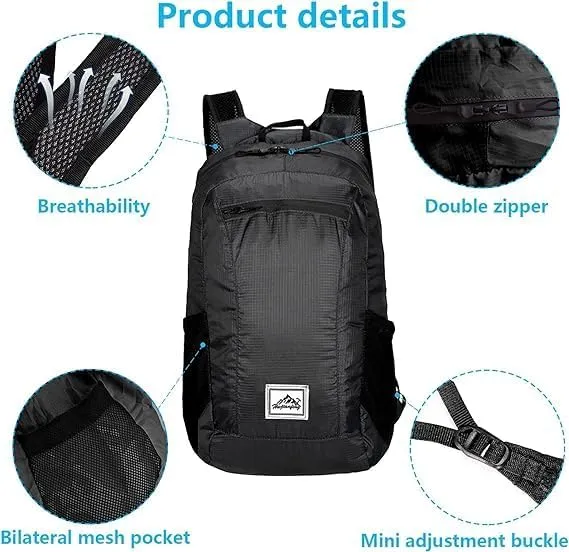 20L Ultra Lightweight Foldable Backpack Small Hiking Rucksack Ultralight Water Resistant Travel Packable Daypack for Men Women for Outdoor Sport Travelling Walking Hiking Camping Biking (Black B)