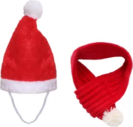 2Pcs Dog Santa Hat and Scarf Dog Christmas Outfit Adjustable Santa Hat Knit Red Scarf with White Pompom Ball Set Pet Christmas Costumes Accessories for Dogs and Cats