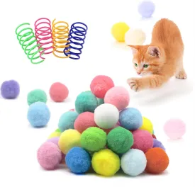 30 Pcs Premium Silent Pom Pom Balls, Interactive Lightweight Pom Pom Balls, Assorted Colors Cat Balls (1.2 inches), with 4 Pcs Cat Spring Toy for Indoor Cat Kitten Playing Exercising