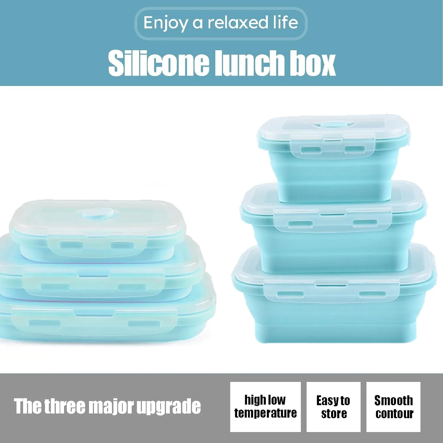 3PCS Collapsible Bowl Sets, Portable Silicone Collapsible Bowls for Camping, Camping Dishes with Lids for for Microwave, Dishwasher, Freezer, Camping Bowls for Travel and Picnic(Blue)