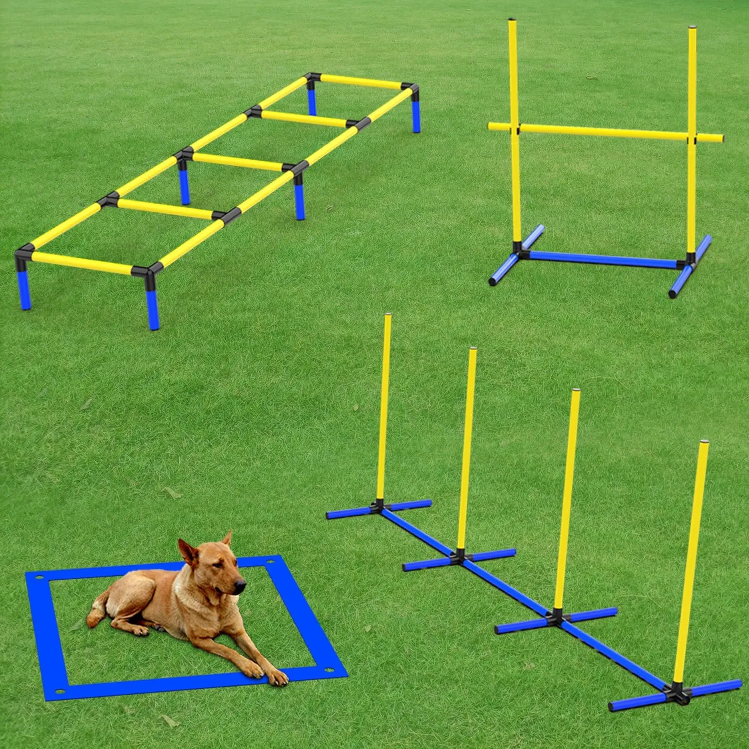 4-in-1 Dog Agility Equipment Set  Backyard Training Course -Adjustable Hurdle, Training LadderWeave Poles, Pause Box & Storage Bag - Indoor/Outdoor for Small to Large Dogs(4 Sets)