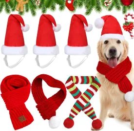 6 Pieces Christmas Dog Santa Hat and Scarf Include 3 Adjustable Christmas Cat Hat and 3 Pet Knit Red Scarf with White Pompom Ball Striped Scarf Winter Pet Accessory for Small Medium Large Dog