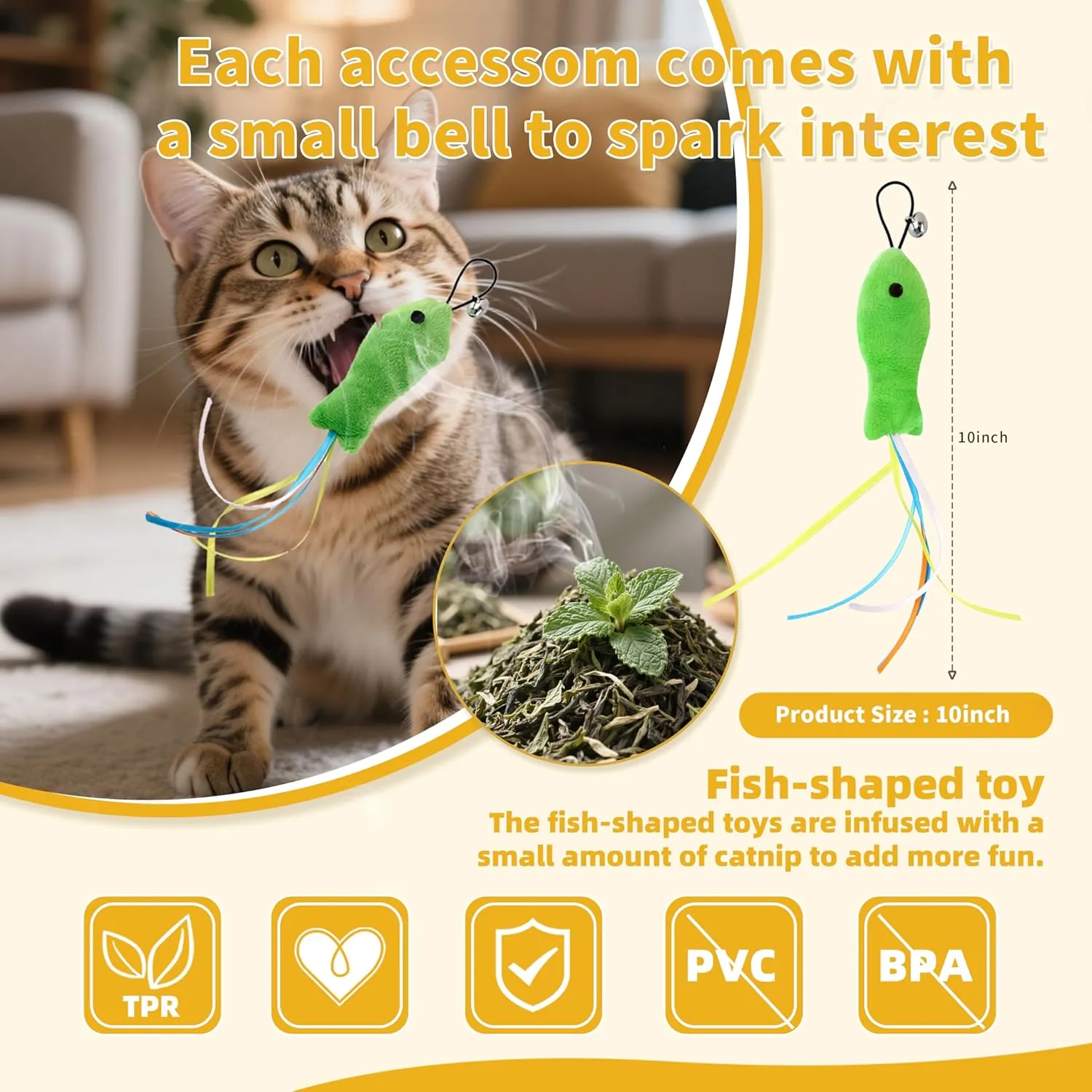 AAA AMUSANG Cat Ball Toys Attachments  10 Pcs Toy Refill Set, Includes 6 Worm, 2 Short Furry Worms, 2 Fish, Interactive Cat Feather Toy for Ball and Toys Wands