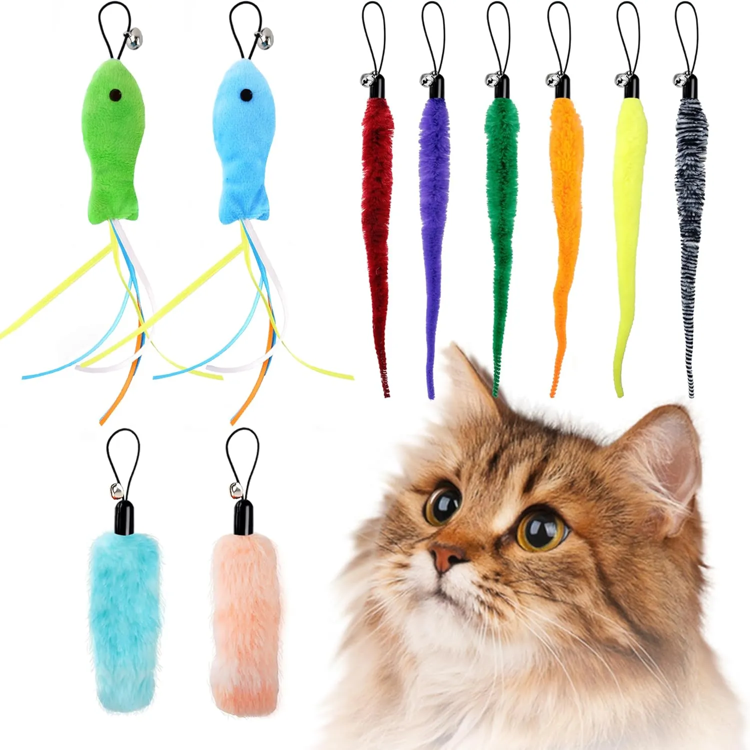 AAA AMUSANG Cat Ball Toys Attachments  10 Pcs Toy Refill Set, Includes 6 Worm, 2 Short Furry Worms, 2 Fish, Interactive Cat Feather Toy for Ball and Toys Wands