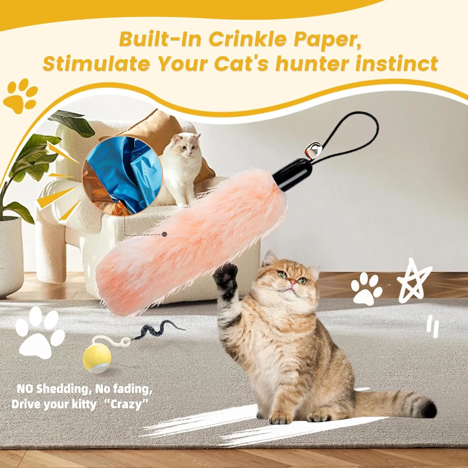AAA AMUSANG Cat Ball Toys Attachments  10 Pcs Toy Refill Set, Includes 6 Worm, 2 Short Furry Worms, 2 Fish, Interactive Cat Feather Toy for Ball and Toys Wands