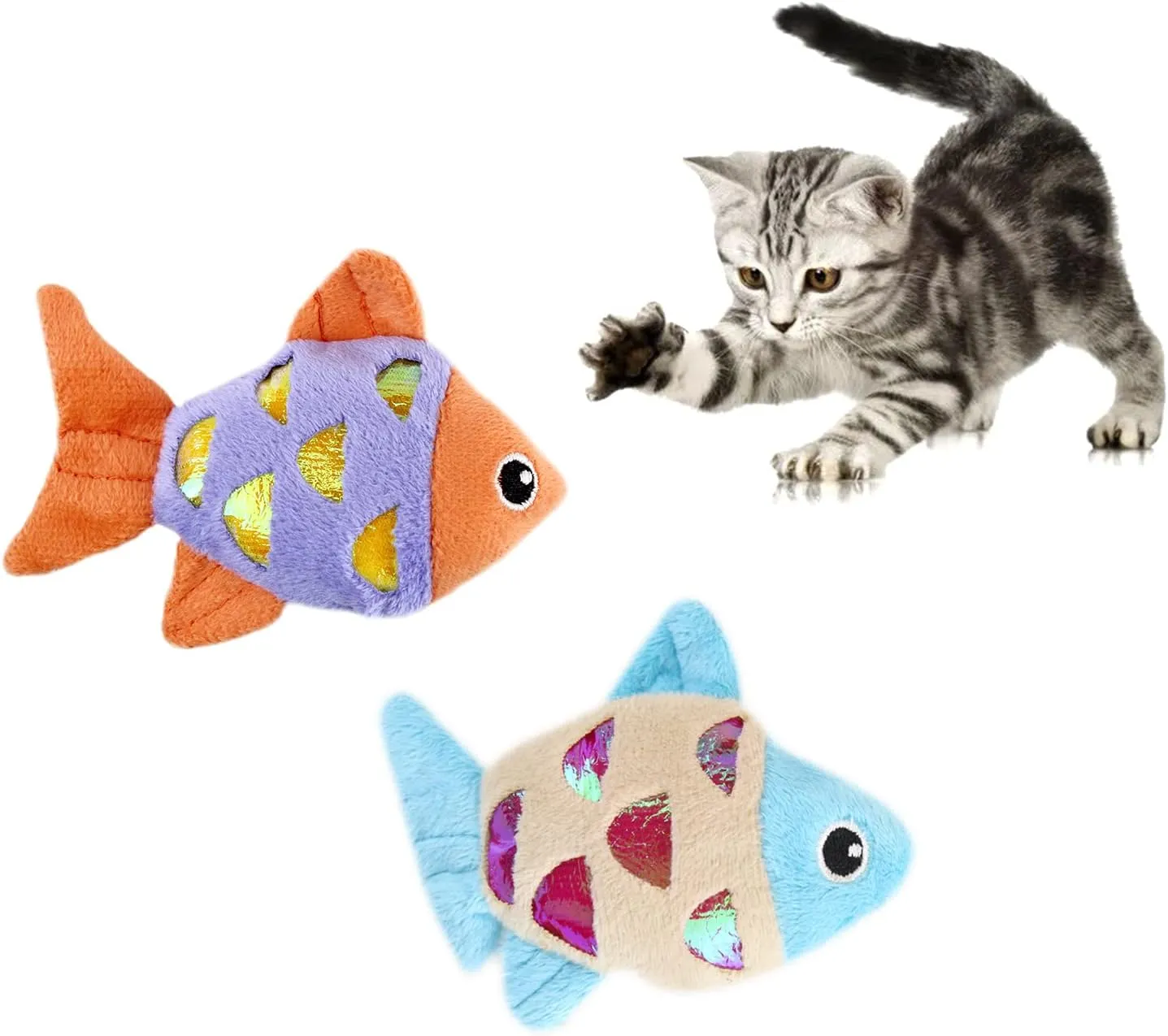 Andiker Cat Catnip Toys, 2pcs Small Cat Fish Toys with Crinkle Shine Ring Paper to Make Sound to Catch Your Cats Eyes and for Your Cats to Chew and Catch Interactive Cat Toys Indoor Cat (2pc)