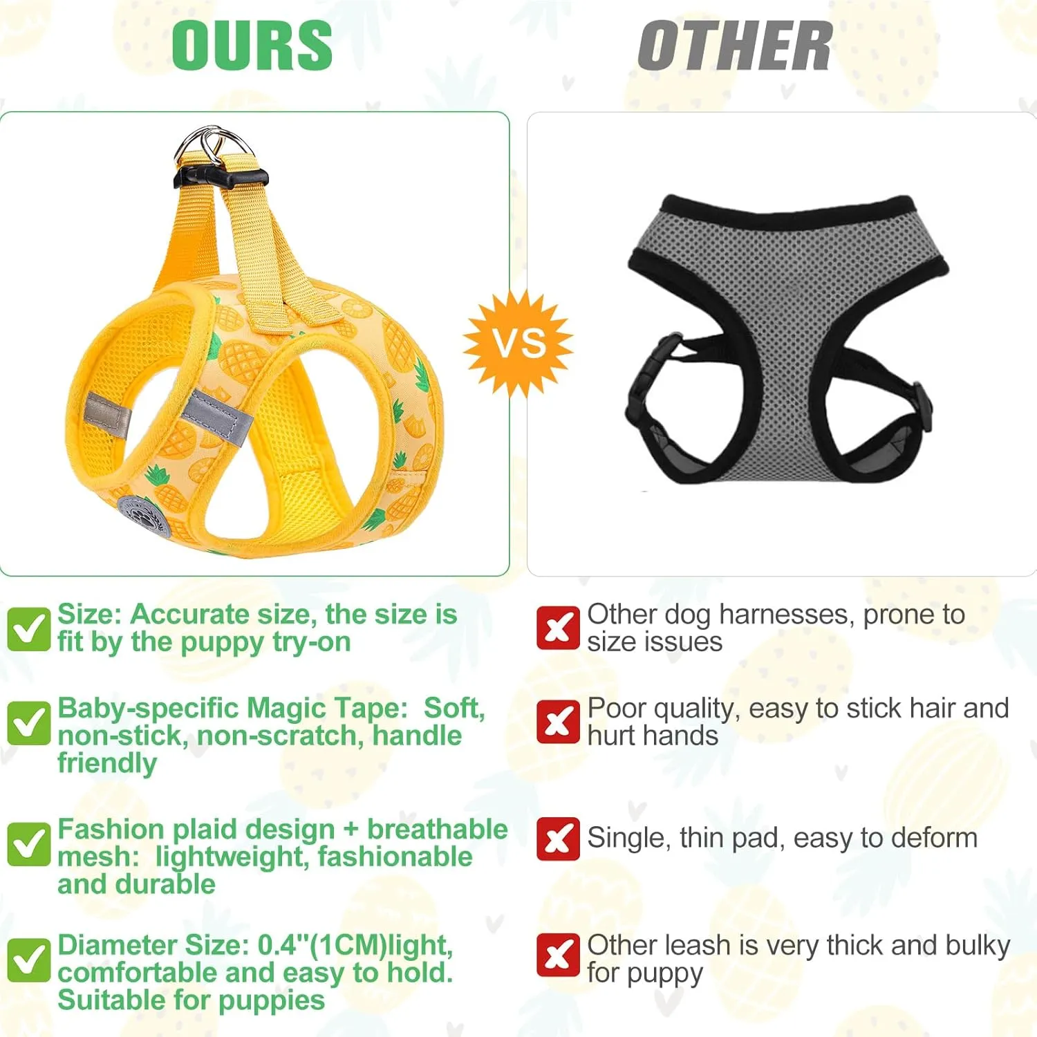 BEAUTYZOO Step in Dog Harness and Leash Set,Reflective Dog Harness No Pull No Choke Puppy Harness for Small Medium Large Dogs Cats,Soft Padded Mesh Vest Harnesses for Girl and Boy Pets, Pineapple S