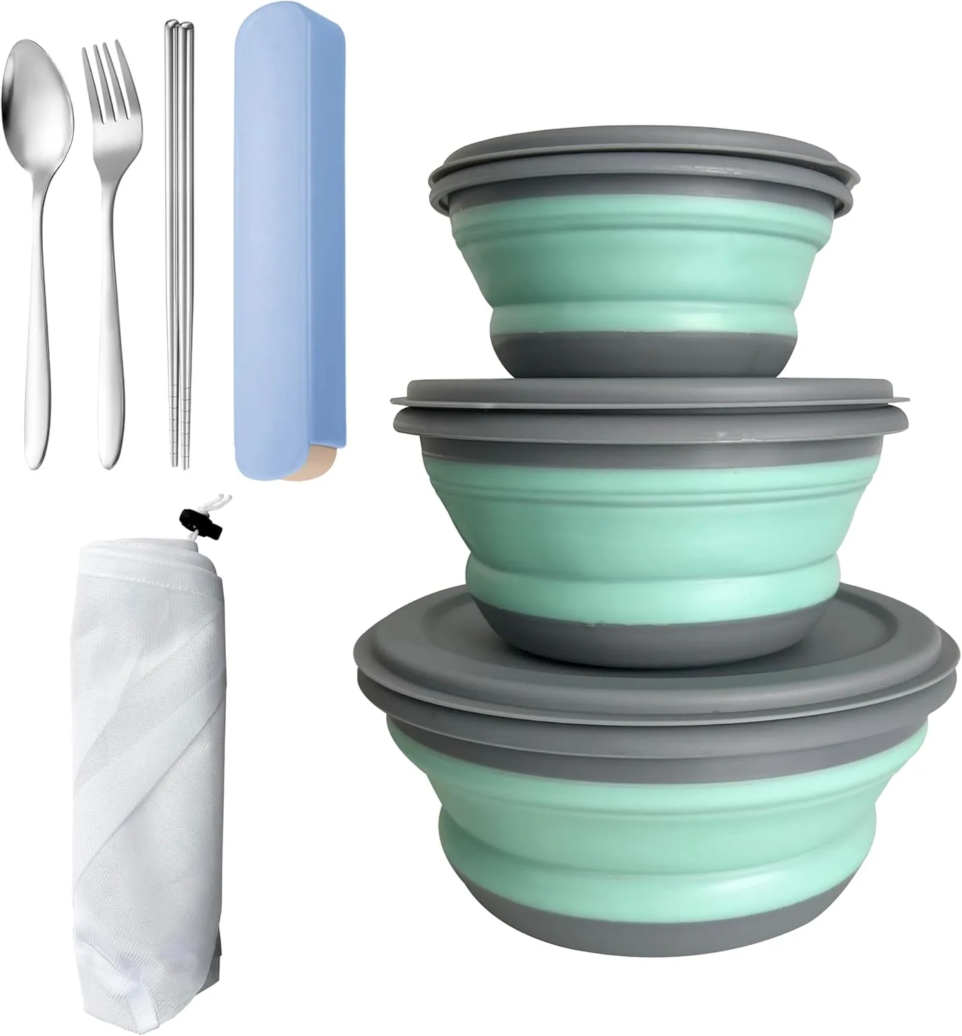 Camping Bowls, 3PCS Collapsible Bowls with Cutlery and Reusable Storage Bag, Food-Grade Silicone Lunch Box with Lids for Camping Picnic Travel (Blue)