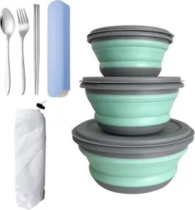Camping Bowls, 3PCS Collapsible Bowls with Cutlery and Reusable Storage Bag, Food-Grade Silicone Lunch Box with Lids for Camping Picnic Travel (Blue)