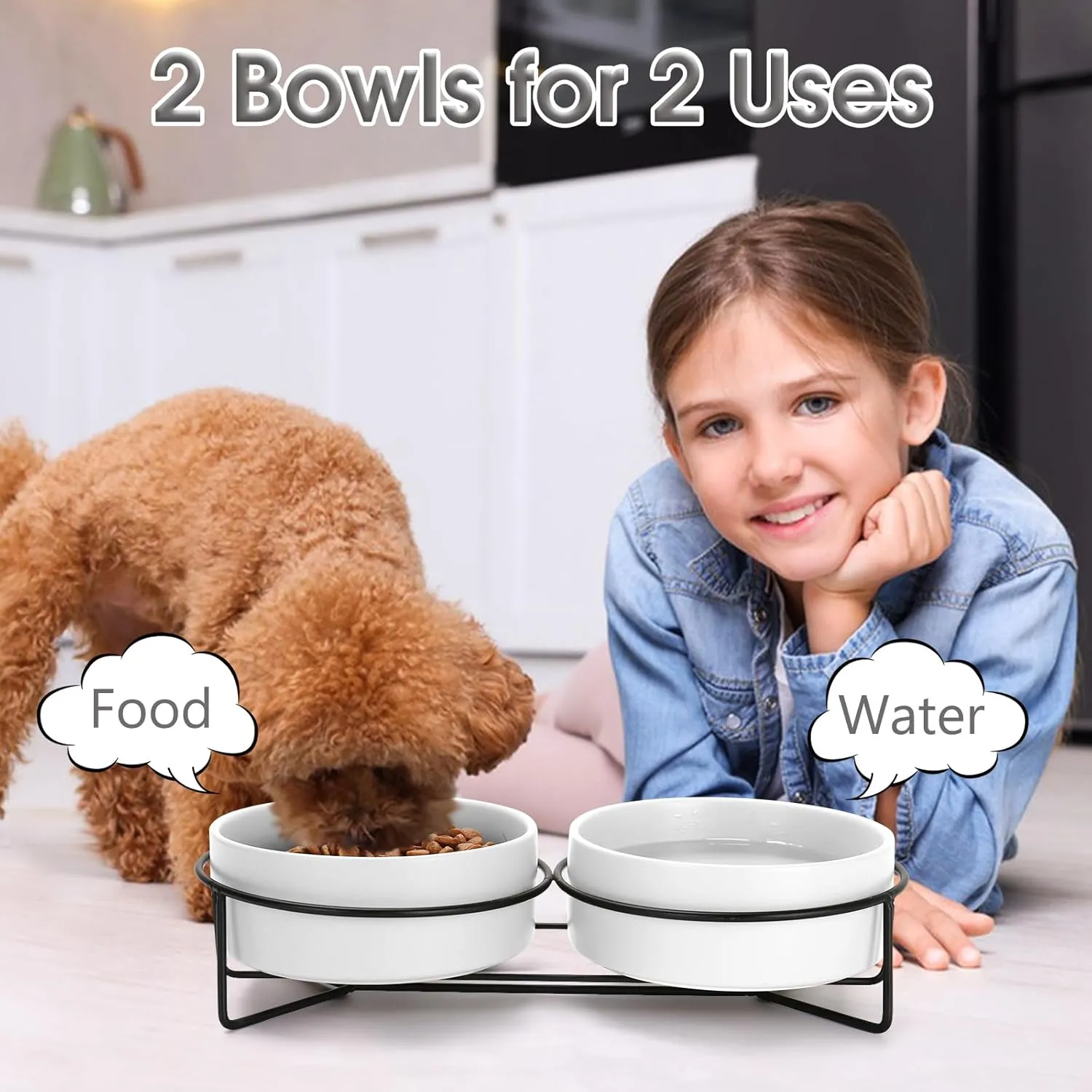 Ceramic Dog and Cat Bowl Set with Stand, 1.7 Cups Dog Food and Water Bowl Suitable for Small and Medium Pets (13.5oz White)
