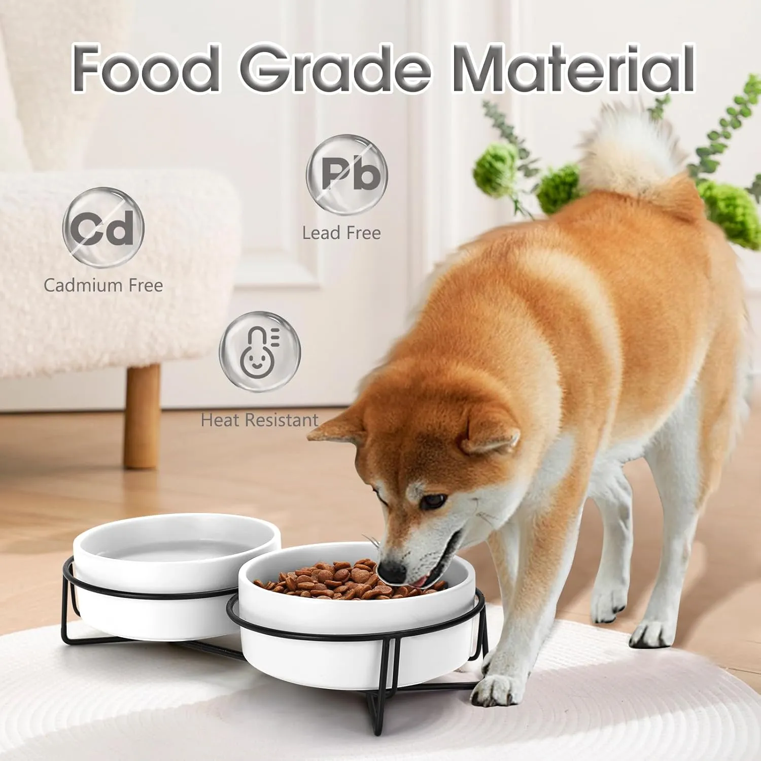 Ceramic Dog and Cat Bowl Set with Stand, 1.7 Cups Dog Food and Water Bowl Suitable for Small and Medium Pets (13.5oz White)