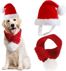 Christmas Dog Santa Hat with Adjustable Scarf, Red Knit Scarf with White Pompom Ball, Dog Winter Neck Warmer, Christmas Party Dressup