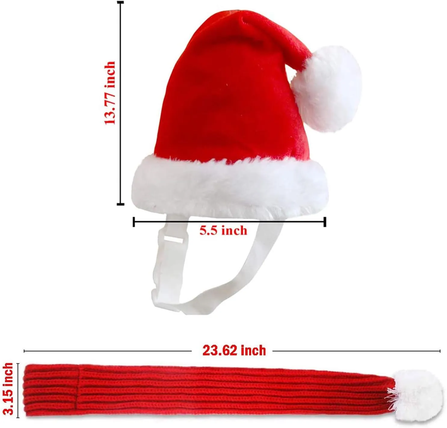 Christmas Dog Santa Hat with Adjustable Scarf, Red Knit Scarf with White Pompom Ball, Dog Winter Neck Warmer, Christmas Party Dressup