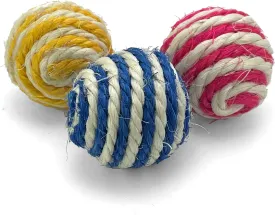Cutie's PetBox 3pcs Sisal String Rattle Ball Toy for Indoor Cats - All Natural Woven Fibers, Assorted Colors, 1.7" Size