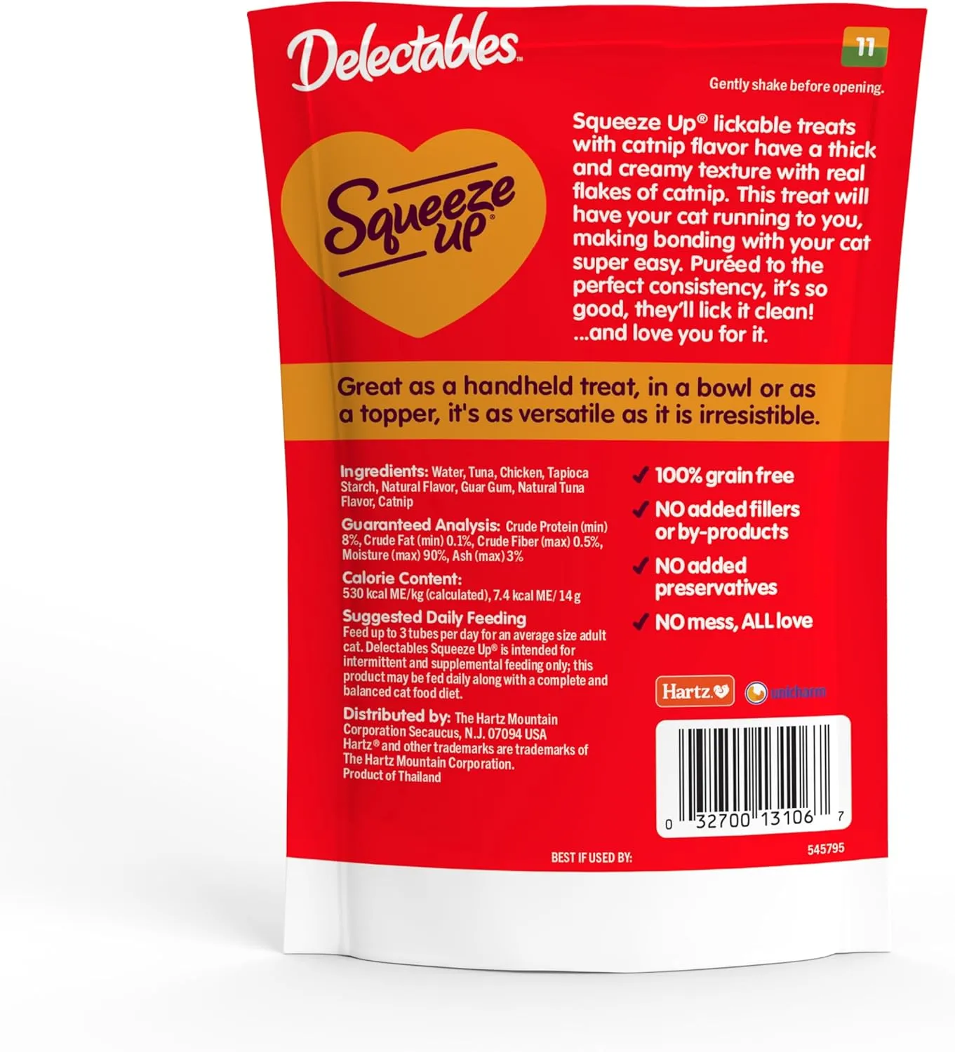 Delectables Squeeze Up Creamy Squeezable Puree, Lickable Wet Cat Treats, Grain Free, No Added Fillers, No By-Products, No Added Preservatives, 0.5 Ounces Tube Chicken with Catnip, 32 Tubes Total