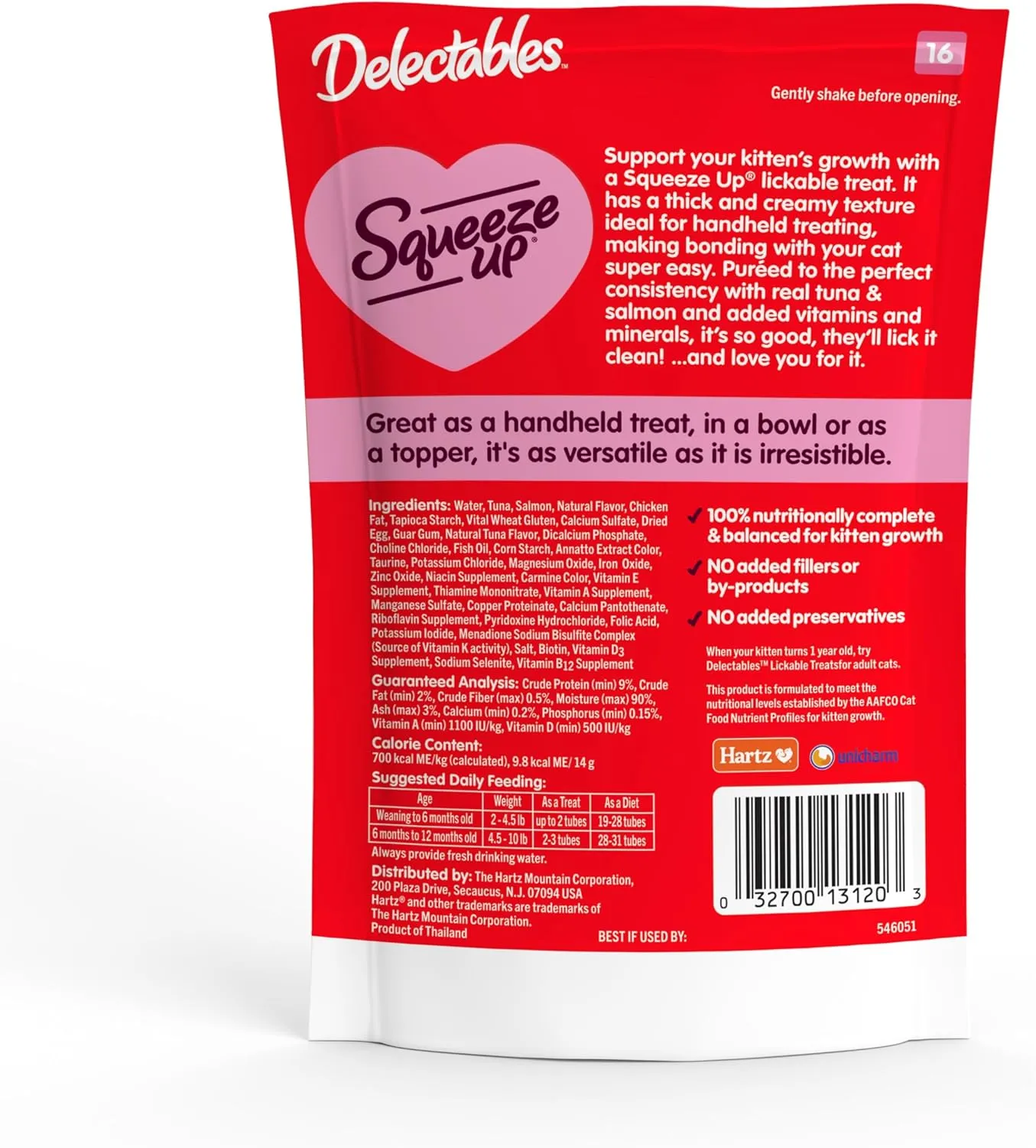 Delectables Squeeze Up Kitten Creamy Squeezable Puree, Lickable Wet Cat Treats, Grain Free, No Added Fillers, No By-Products, No Added Preservatives, 0.5 Ounces Tube Tuna & Salmon, 32 Tubes Total