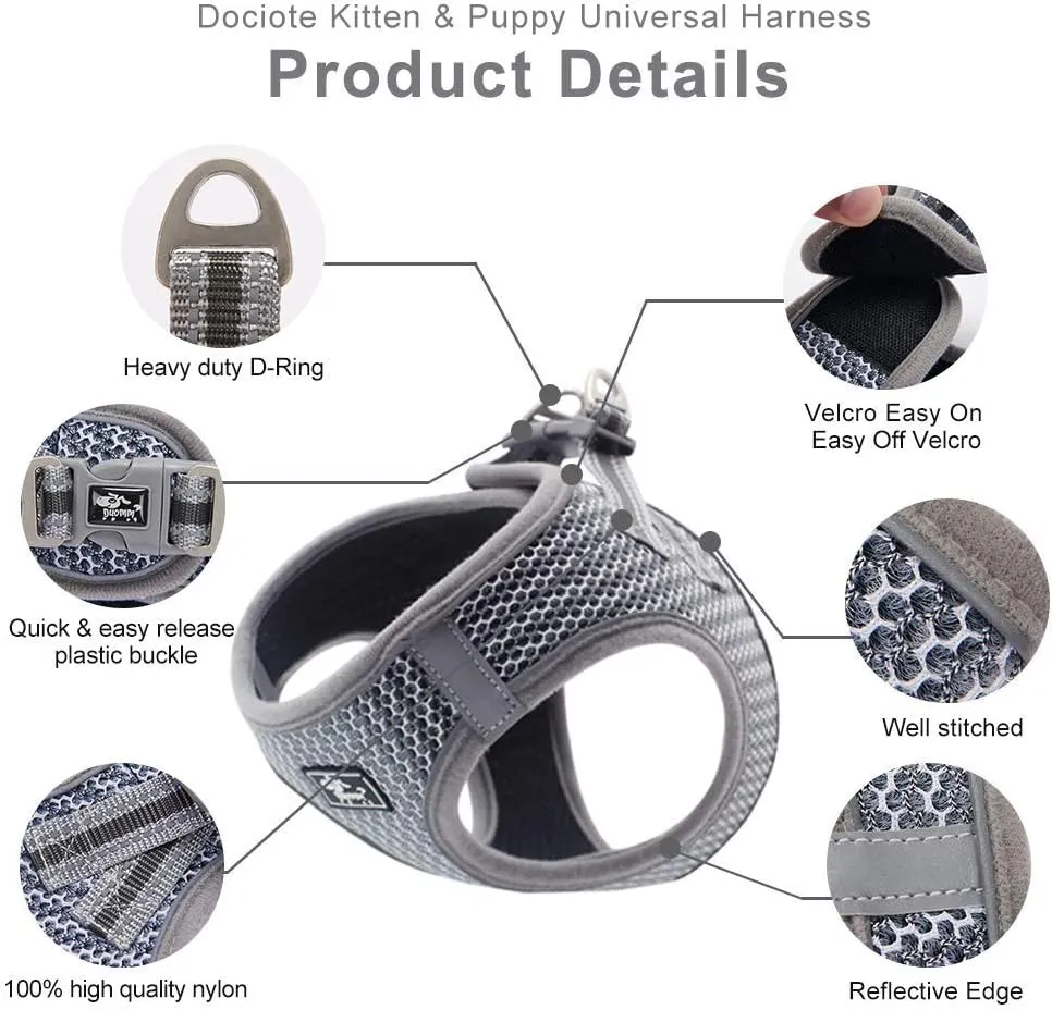 Dog and Cat Universal Harness with Leash - Cat Harness Escape Proof - Adjustable Reflective Step in Dog Harness for Small Dogs Medium Dogs - Soft Mesh Comfort Fit No Pull No Choke, Grey, L