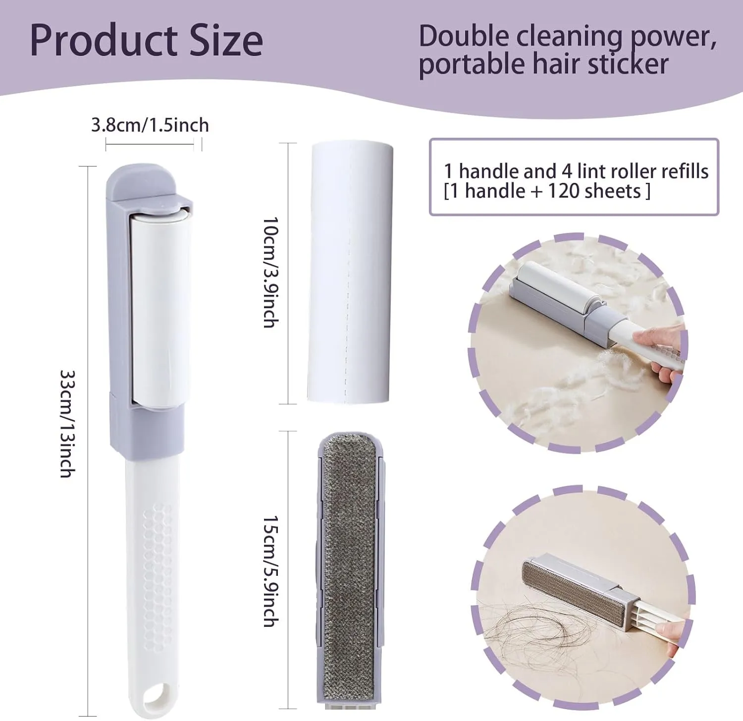 Double-Sided Lint Roller and Brush, Lint Rollers for Pet Hair Extra Sticky with Long Handle, Reusable Dog and Cat Lint Remover for Clothes, Furniture, Couch, Car, 4 Refills
