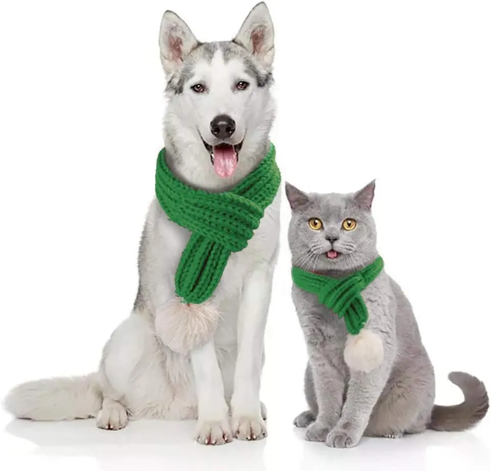 Easter Basket Stuffers Dog Cat Scarf Adjustable Xmas Pet Knit Green Scarf with White Pompom Ball Dog Winter Neck Warmer Scarf Christmas Party Dressup Bandana Holiday Pet Accessories