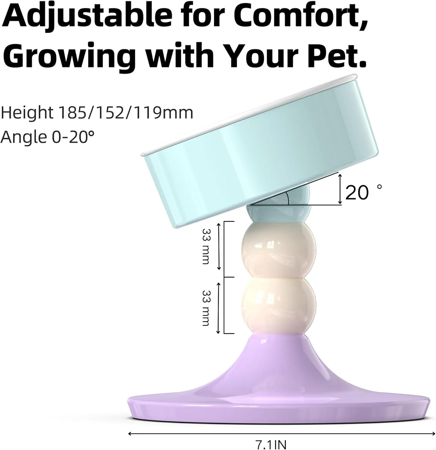 Elevated Raised Cat Dog Bowls - 15 Tilted 3 Heights Adjustable Indoor Cats Food Dish Stand, Cute Pet Water Feeder Ceramic Bowl, Neck Whisker Friendly & Anti-Vomiting Non Slip Kitten Puppy Supplies