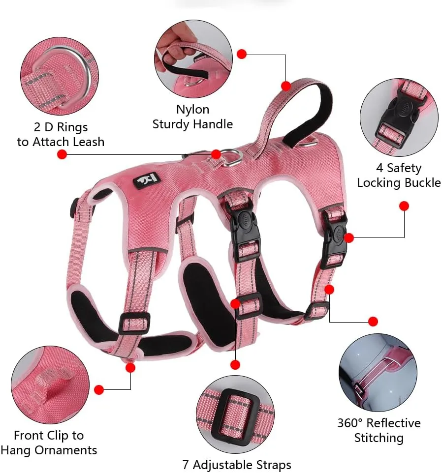FEimaX Dog Harness No Pull Soft Padded Dog Vest with 3 Leash Clips and Easy Control Handle Reflective Adjustable No Choke Pet Harnesses for Medium and Large Dogs Training Walking (Pink, X-Large)