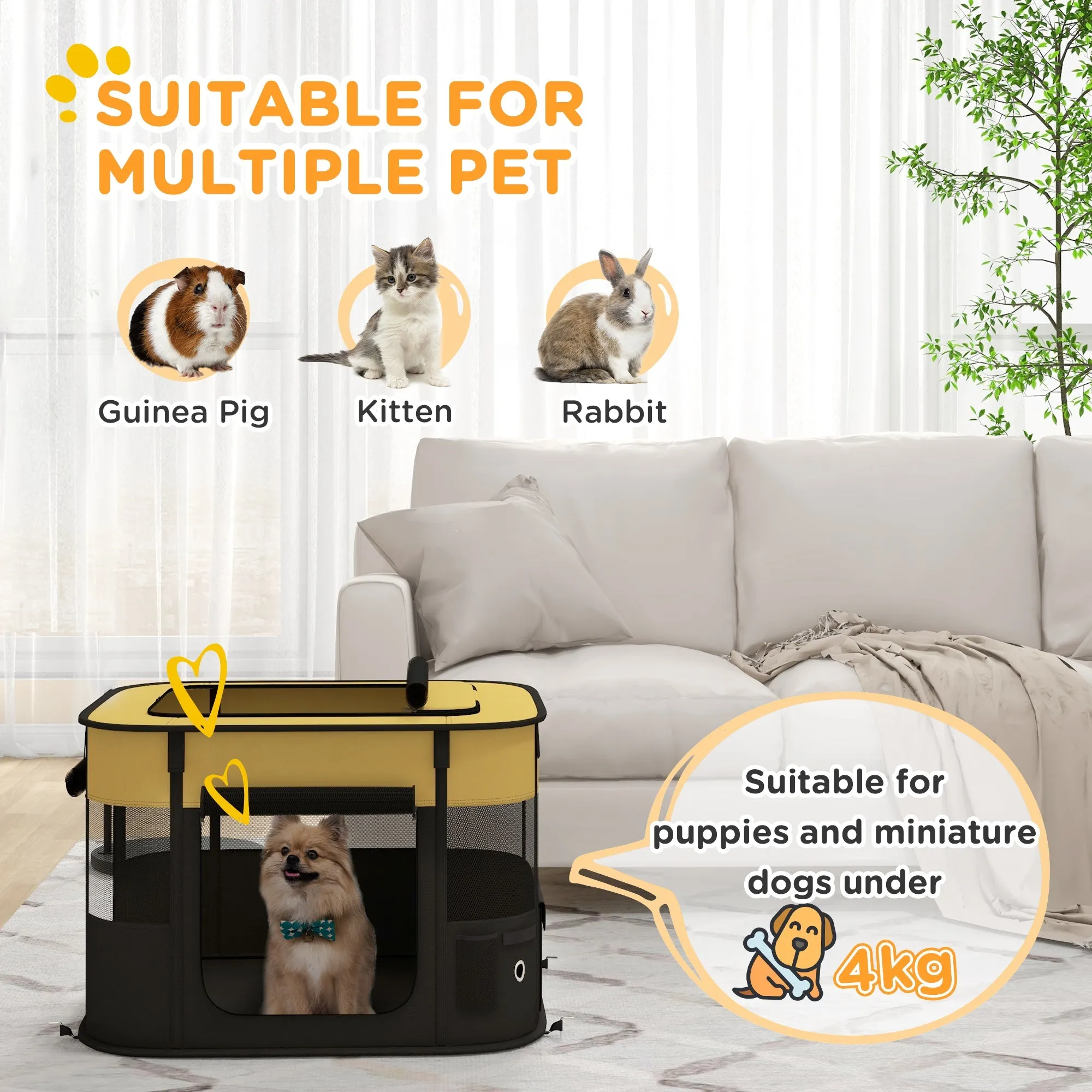 Foldable Dog Pen with Storage Bag for Indoor/Outdoor Use Portable Pet playpen with Ground Stakes - Yellow