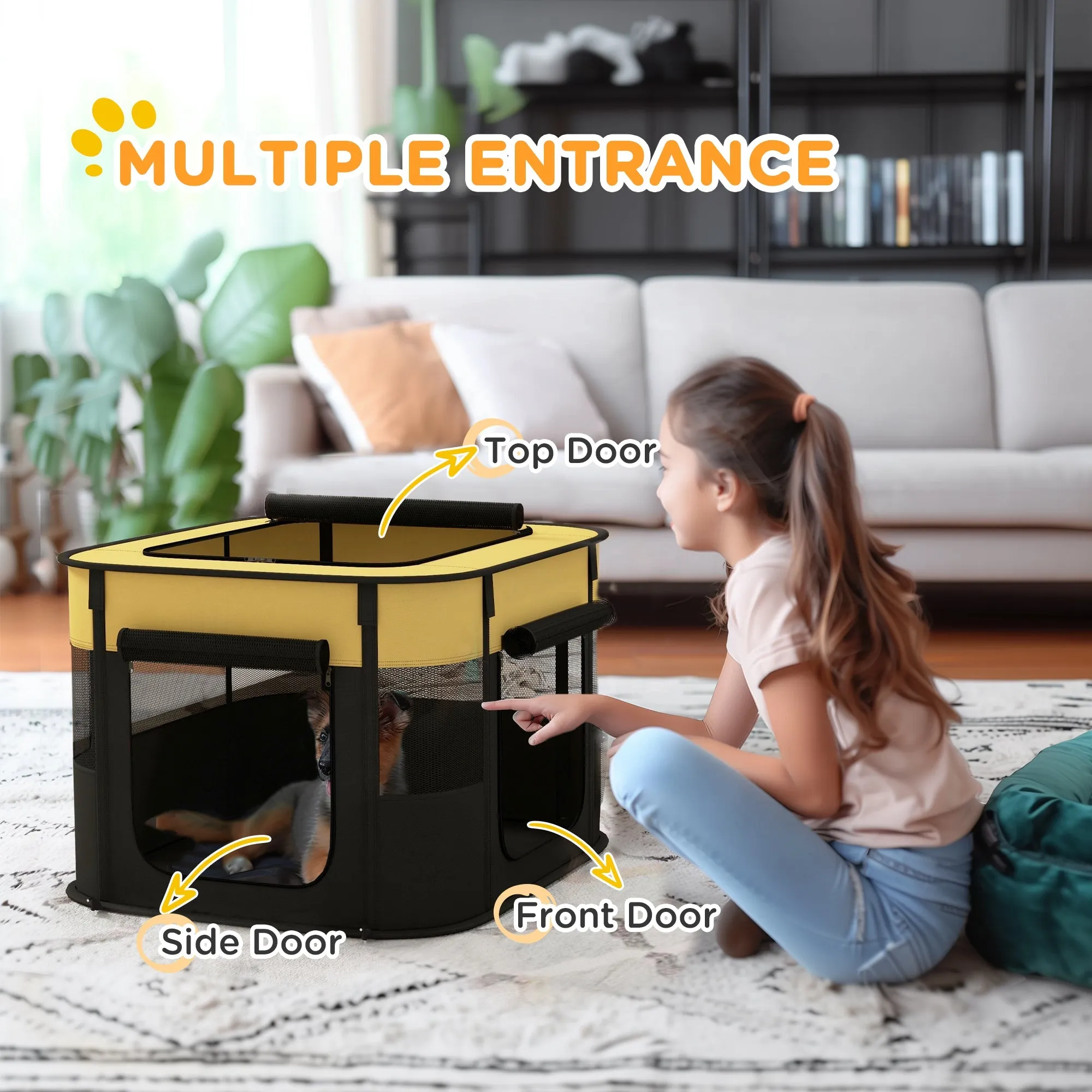 Foldable Dog Pen with Storage Bag for Indoor/Outdoor Use Portable Pet playpen with Ground Stakes - Yellow