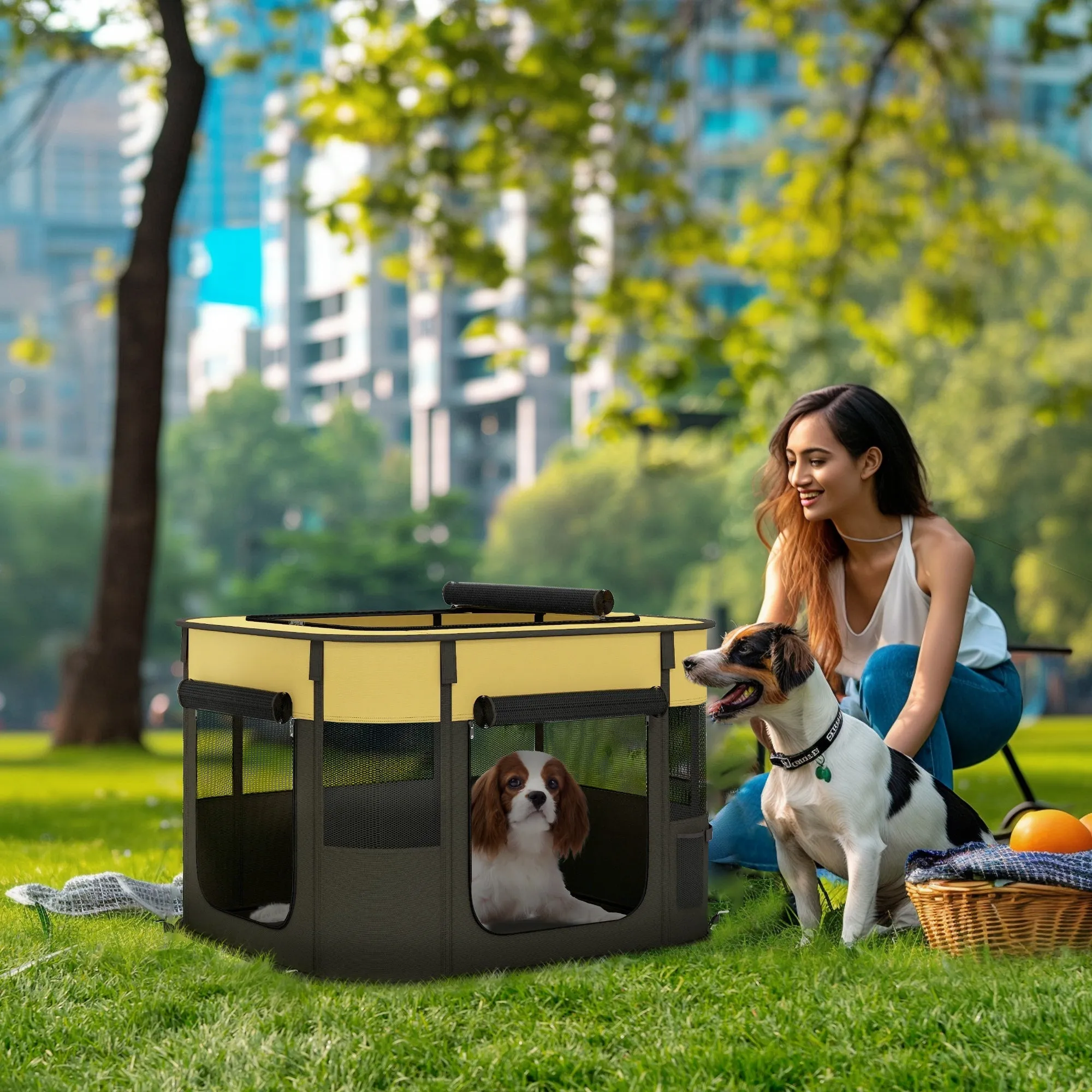 Foldable Dog Pen with Storage Bag for Indoor/Outdoor Use Portable Pet playpen with Ground Stakes - Yellow