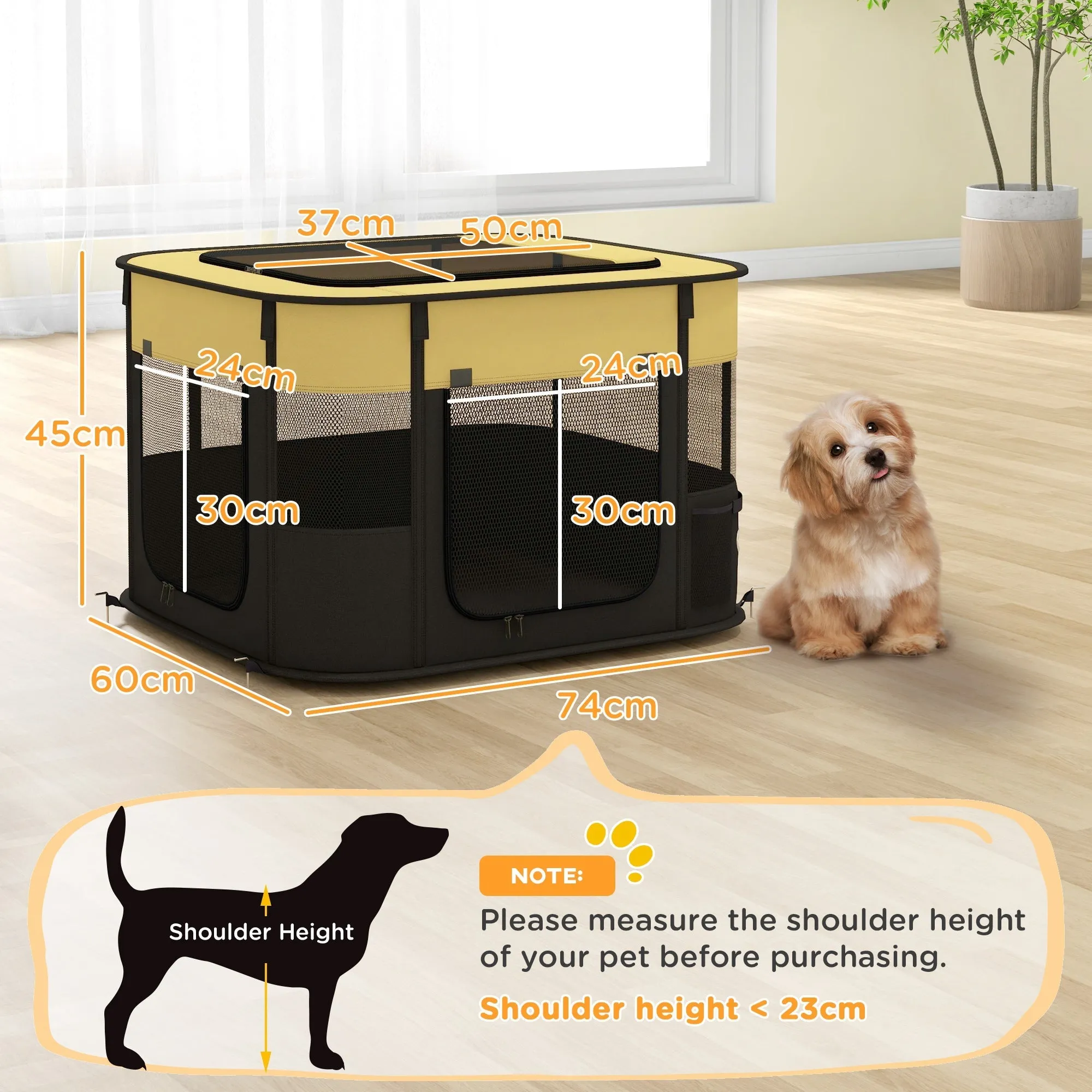 Foldable Dog Pen with Storage Bag for Indoor/Outdoor Use Portable Pet playpen with Ground Stakes - Yellow