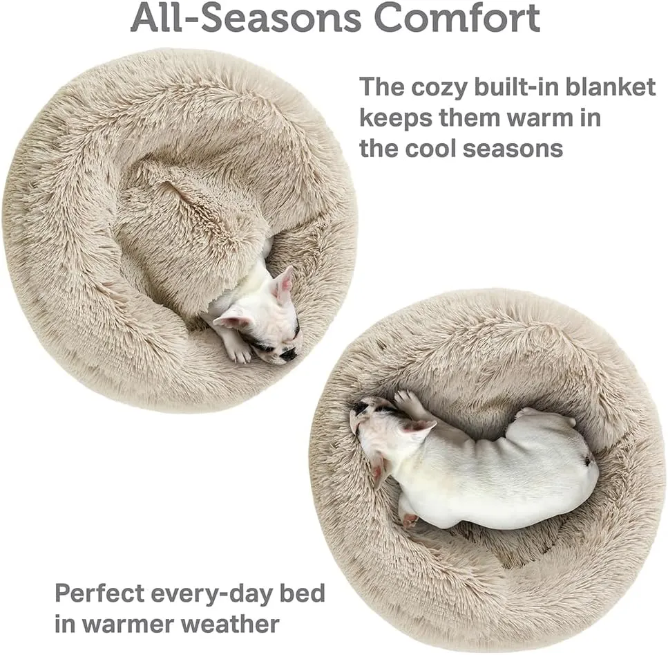 Friends Forever Luna Donut Cat Bed Cave, Soft Faux Fur Hooded Blanket Dog Couch For Indoor Pet, Fluffy Calming Plush Shag, Cozy Round Cushion, Machine Washable Cuddler, Self Warming, Tan, Small (23"x23"x6")