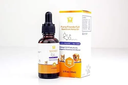 FurryFriends Full Spectrum Hemp Oil for Dogs Cats and Horses 500 mg W/Grooming Glove All Natural Pain Relief Extract Stress Anxiety Arthritis Calming Joint Health Separation Treatment Organic Bundle