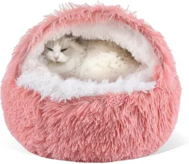 Gavenia Round Fluffy Hooded Cat Bed Cave, Donut for Indoor Cats, Calming Dog Beds, Anti-Slip Waterproof Bottom, Washable, 20inch, Pink