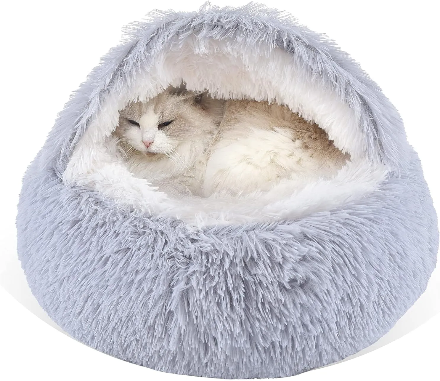 Gavenia Round Fluffy Hooded Cat Bed Cave With Non-Collapsed Plush Cover, Donut for Indoor Cats, Calming Dog Bed, Anti-Slip & Waterproof Bottom, Washable, 20 Inch, Grey