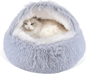Gavenia Round Fluffy Hooded Cat Bed Cave With Non-Collapsed Plush Cover, Donut for Indoor Cats, Calming Dog Bed, Anti-Slip & Waterproof Bottom, Washable, 20 Inch, Grey