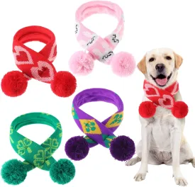 Geyoga 4 Pcs Holiday Dog Knitted Scarf Pet Scarf for Dogs, Easter, Irish Festival, Carnival, Mardi Gras Holiday Scarf with Pompom Ball Adjustable Seasonal Cat Scarf Costume Supply