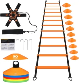 GHB Pro Agility Ladder Soccer Kick Trainer Set 20ft 12 Rung 60 Cones and 4 Stakes Speed Agility Football Training Equipment with Carrying Bag
