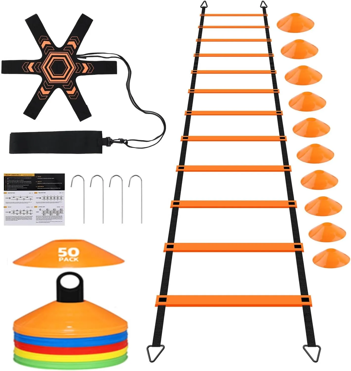 GHB Pro Agility Ladder Soccer Kick Trainer Set 20ft 12 Rung 60 Cones and 4 Stakes Speed Agility Football Training Equipment with Carrying Bag