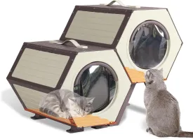 Heated Cat House for Outdoor Winter,Combined Cat Condo with Adjustable Temperature and Time Insulated Outdoor or Indoor Cat Shelter for Feral with Escape Door (White and Brown, 2 Sets)